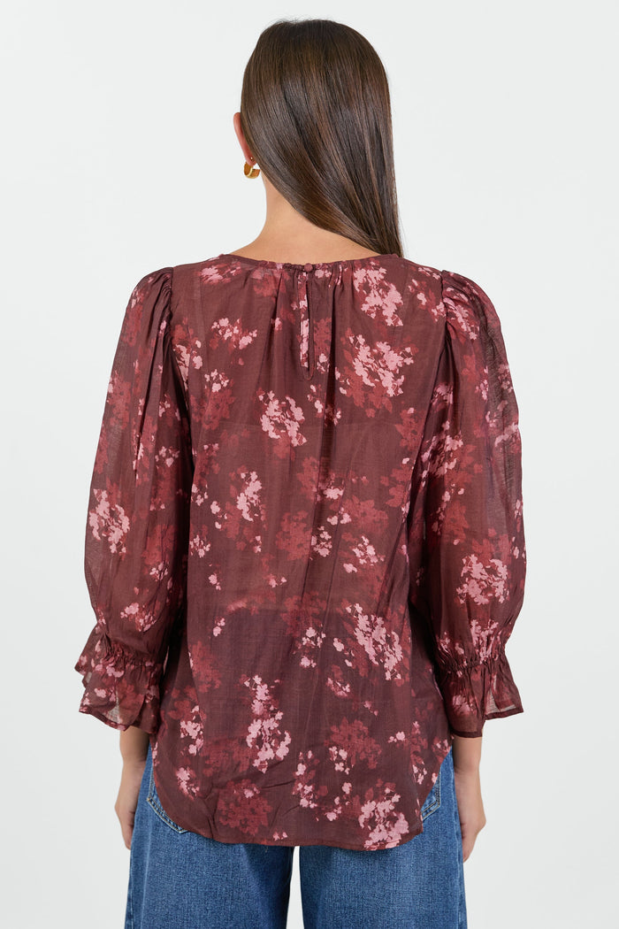 Candid Plum Smudge Floral Frill Sleeve Crew Neck Top