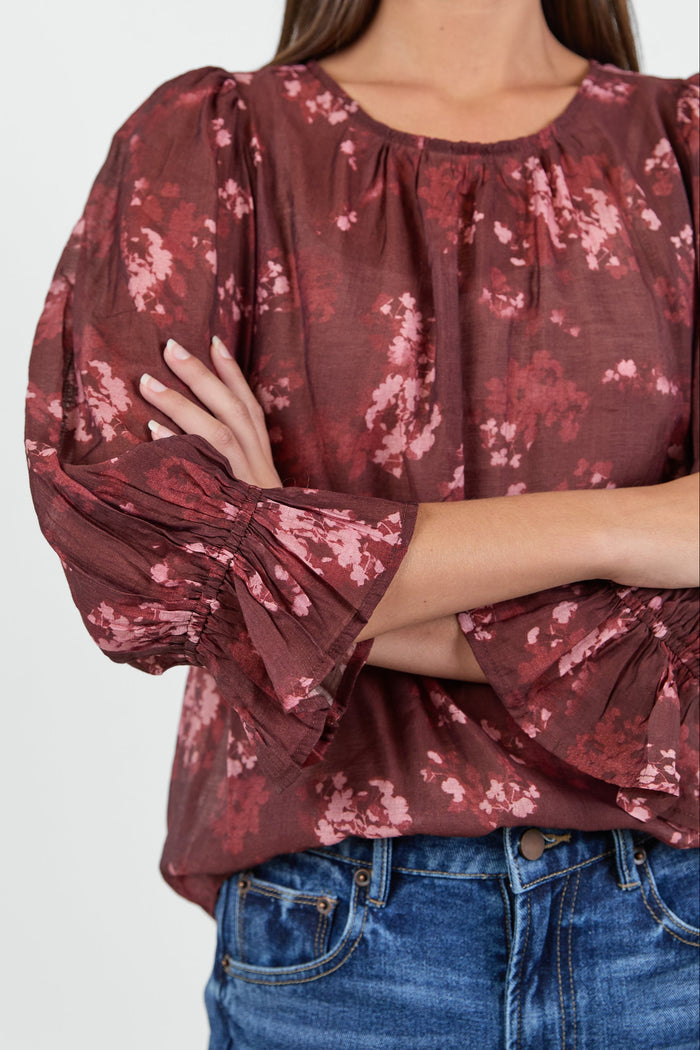 Candid Plum Smudge Floral Frill Sleeve Crew Neck Top