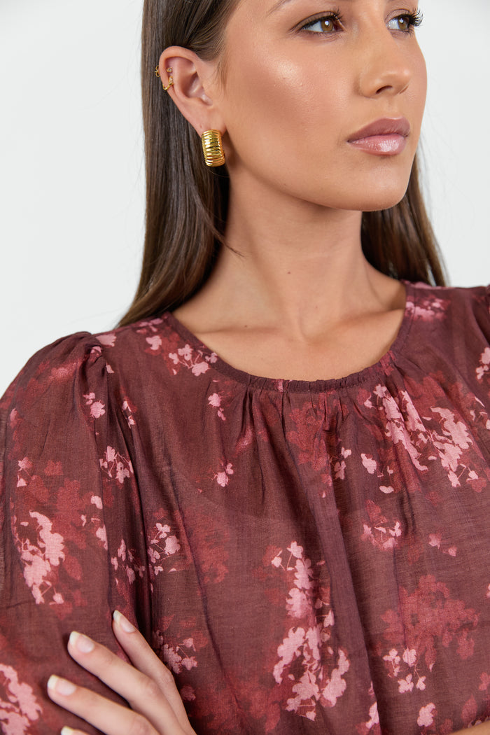 Candid Plum Smudge Floral Frill Sleeve Crew Neck Top