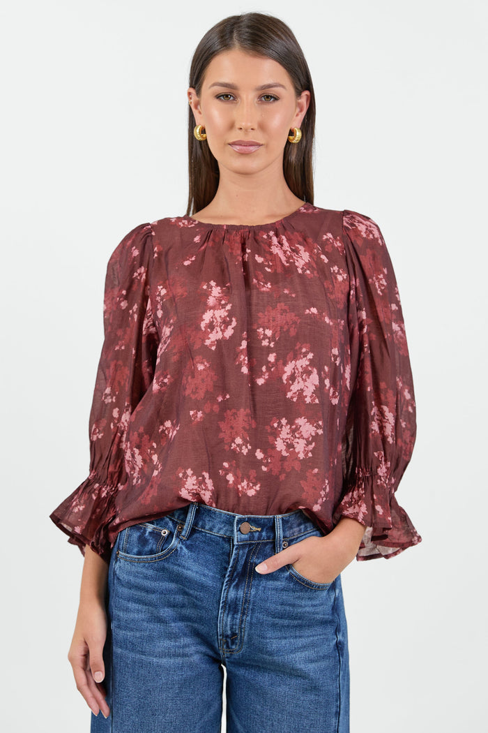 Candid Plum Smudge Floral Frill Sleeve Crew Neck Top
