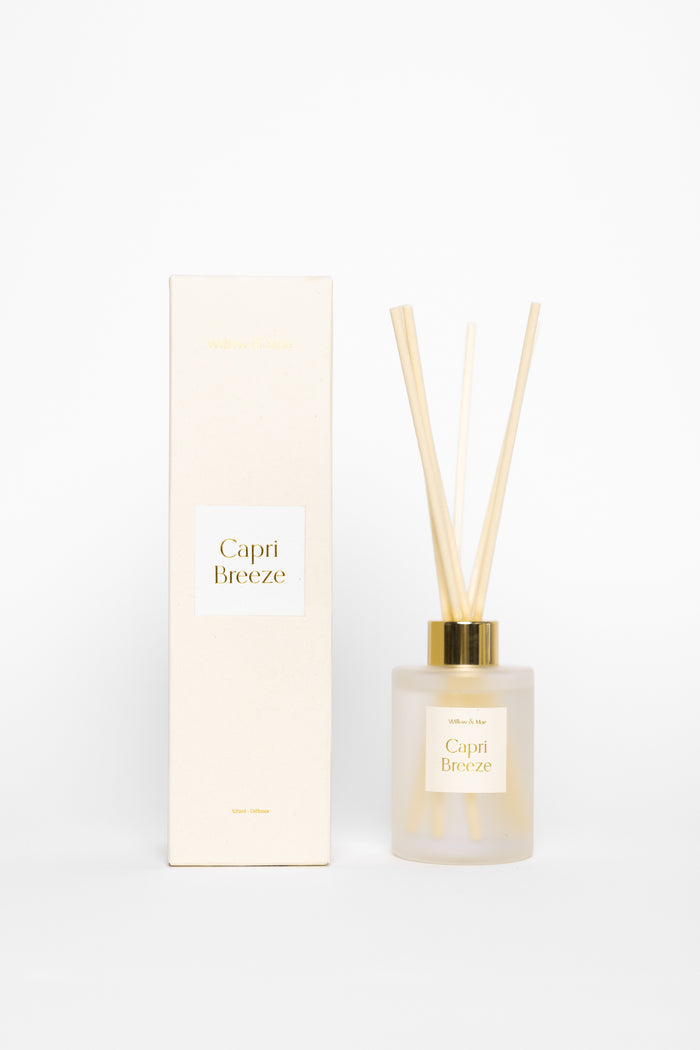 Capri Breeze diffuser bottle and packaging on a white background