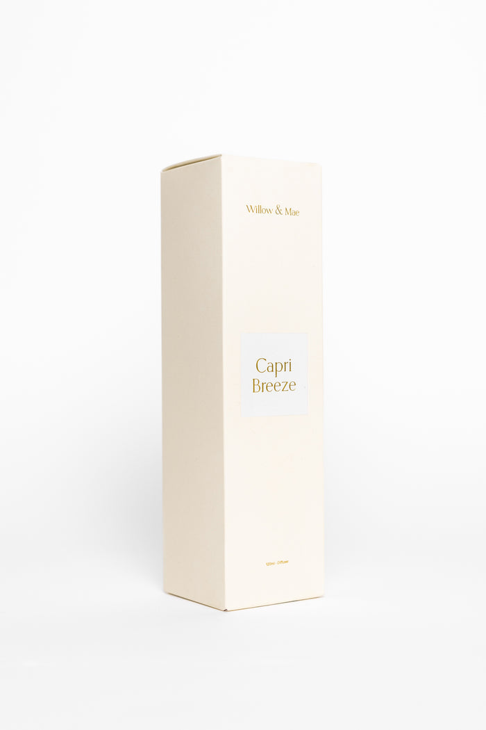 Tall white box with 'Capri Breeze' text on a white background