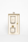 Cape Breeze candle set with two candles and a holder in a decorative box on a white background