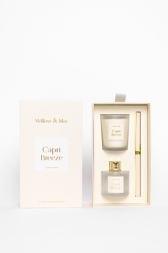 Perfume set with 'Capri Breeze' fragrance in a box on a white background
