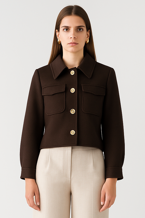 Woman wearing a brown jacket with gold buttons and beige pants on a white background