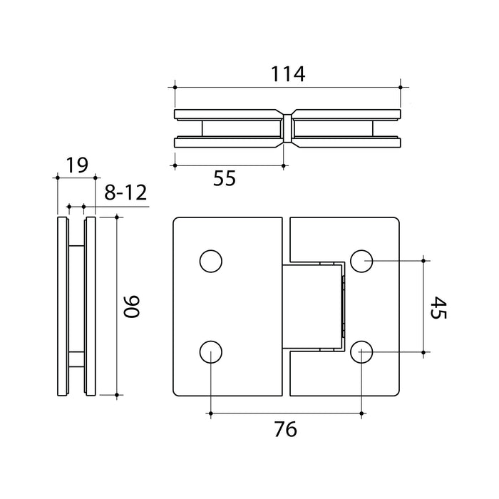 Technical Drawing Caroma Glass to Glass Shower Door Hinge Brushed Brass 14228016BB - The Blue Space
