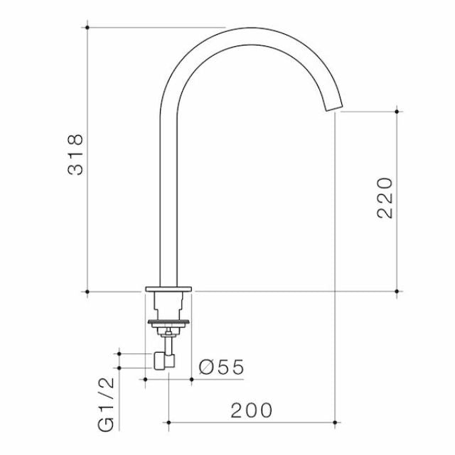 Technical Drawing Caroma Liano II Hob Swivel Outlet 200mm - Brushed Nickel 96401BN65A - The Blue Space