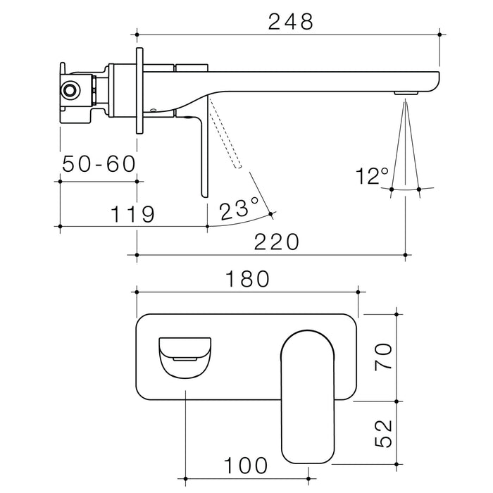 Technical Drawing Caroma Luna II Wall Basin/Bath Mixer 220mm - Chrome 68204C6AF - The Blue Space