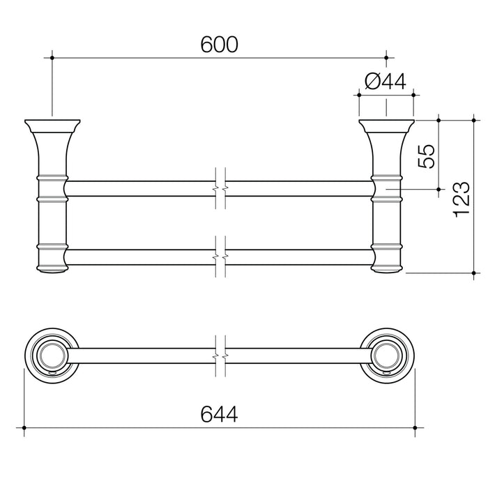 Technical Drawing Caroma Riviere Double Towel Rail 600mm - Brushed Bronze 520035BBZ - The Blue Space