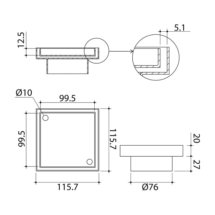 Technical Drawing Caroma Square Floor Waste 80mm Outlet Tile Insert - Brushed Brass 14228028BB - The Blue Space