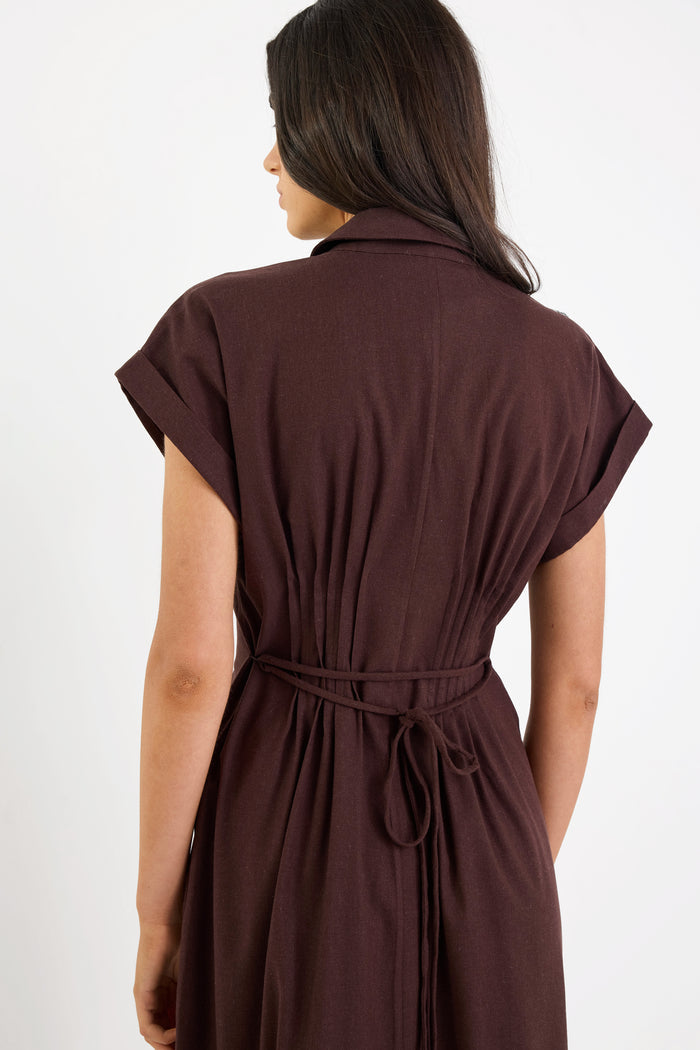 Carriage Chocolate Sleeveless Pintuck Midi Shirt Dress