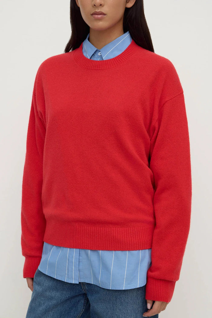 Person wearing a red sweater over a blue shirt with a plain background