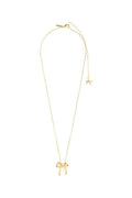 Gold necklace with bow pendant on a white background