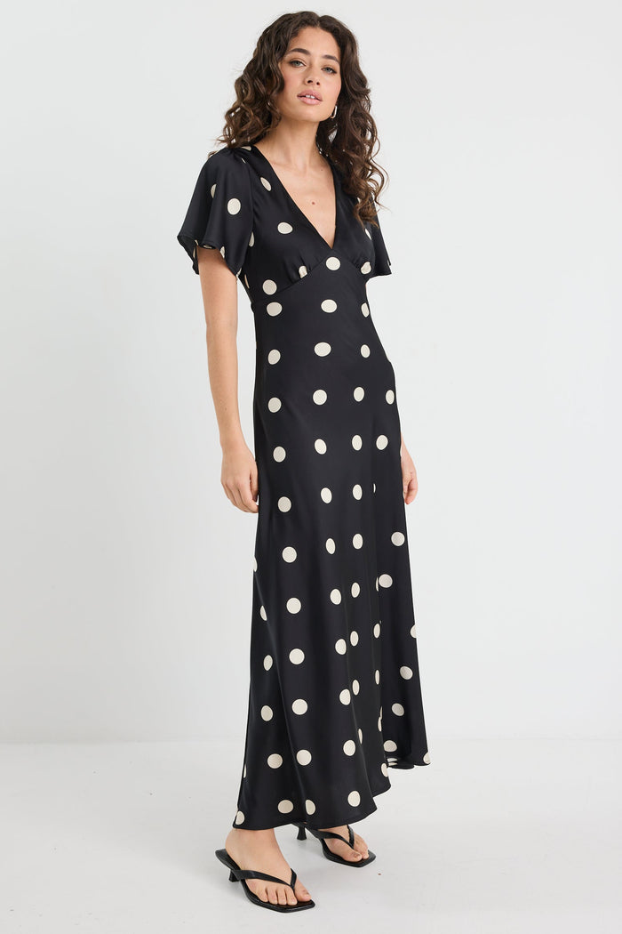 Chariot Black Polka Dot Bias Flutter Sleeve Maxi Dress