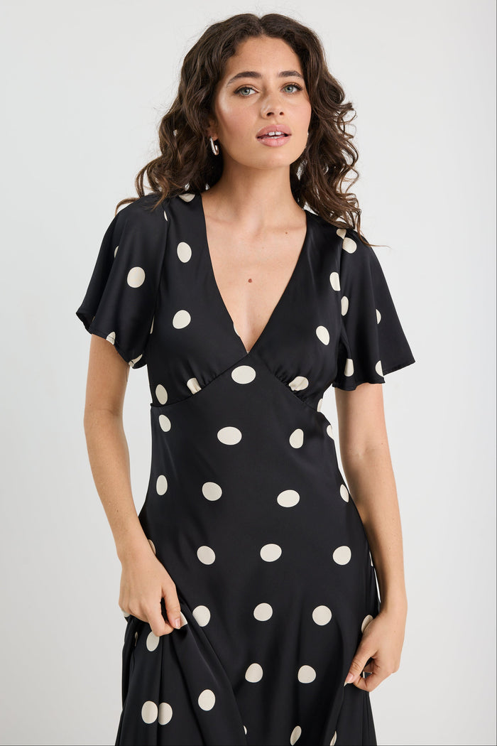 Chariot Black Polka Dot Bias Flutter Sleeve Maxi Dress