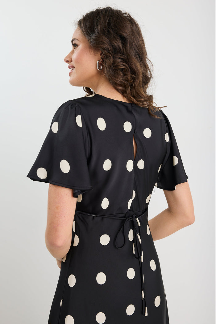 Chariot Black Polka Dot Bias Flutter Sleeve Maxi Dress