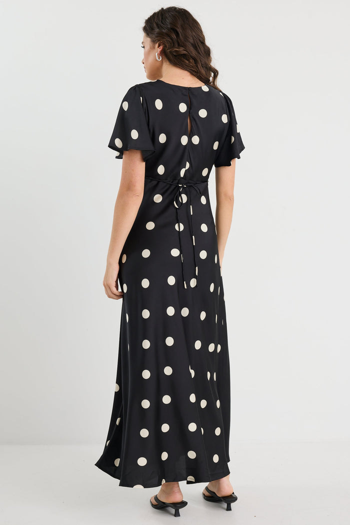 Chariot Black Polka Dot Bias Flutter Sleeve Maxi Dress