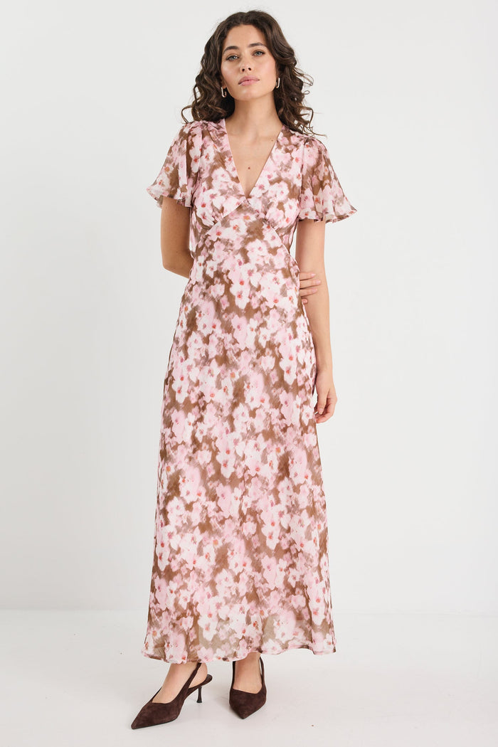 Chariot Blush Chocolate Floral Bias Flared Maxi Dress