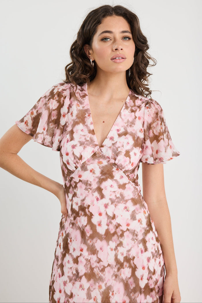 Chariot Blush Chocolate Floral Bias Flared Maxi Dress