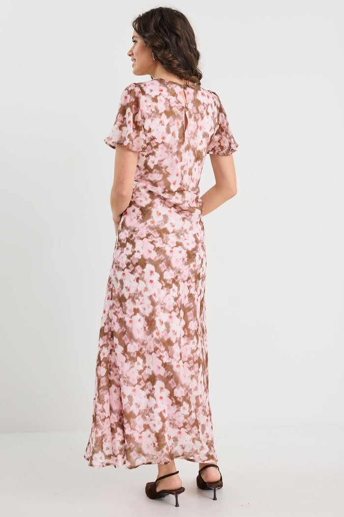 Chariot Blush Chocolate Floral Bias Flared Maxi Dress