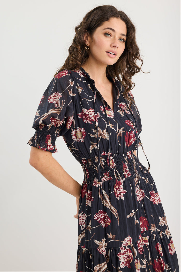 Woman wearing a floral dress on a white background