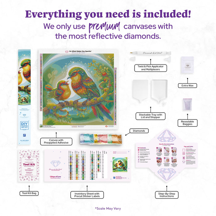 Diamond Painting Chirps of Love 25.6" x 25.6" (65cm x 65cm) / Square with 80 Colors including 4 ABs and 2 Fairy Dust Diamonds / 68,121