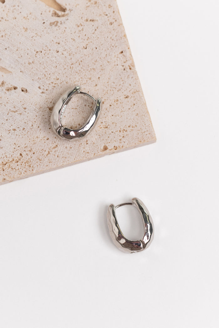 Chunky Hammered Oval Rhodium Earrings