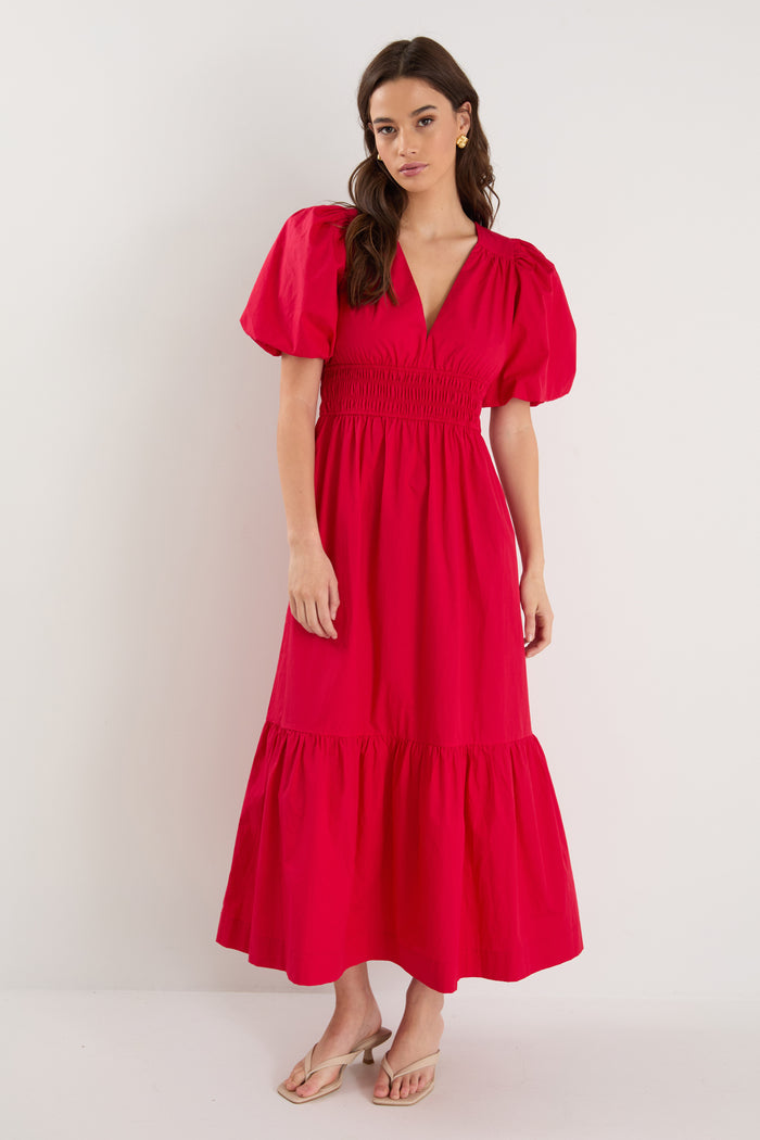 model wearing red puff sleeve dress