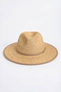 A natural straw fedora hat with a matching tan band, photographed from the side against a clean white background.