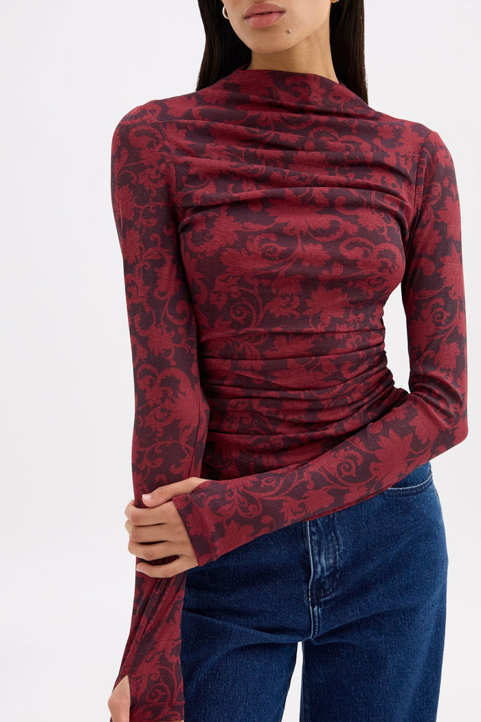 Clementine Berry Print Ruched Front LS Mesh Top