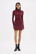 Clementine Berry Print Ruched Side LS Mesh Mini Dress