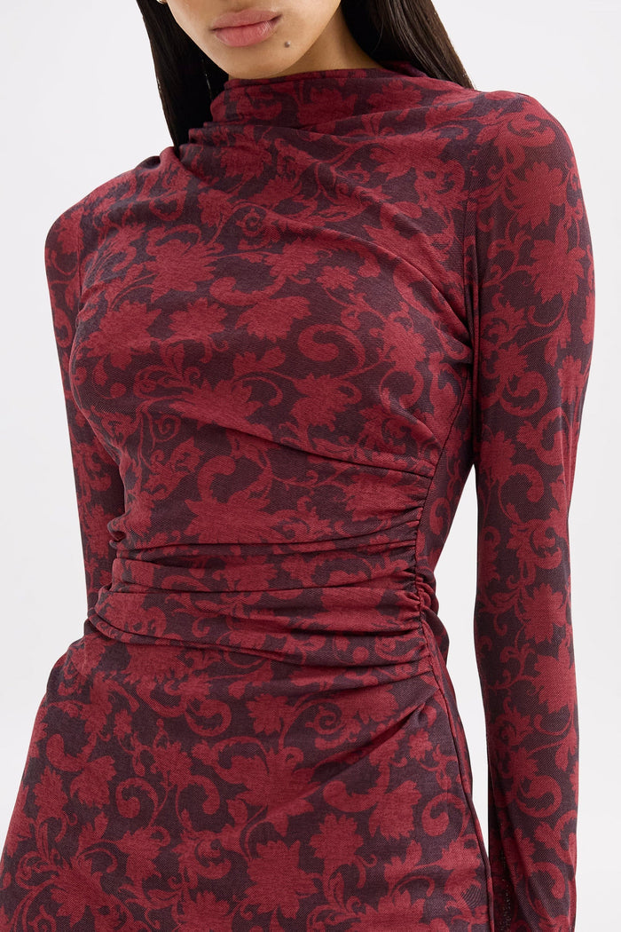 Clementine Berry Print Ruched Side LS Mesh Mini Dress