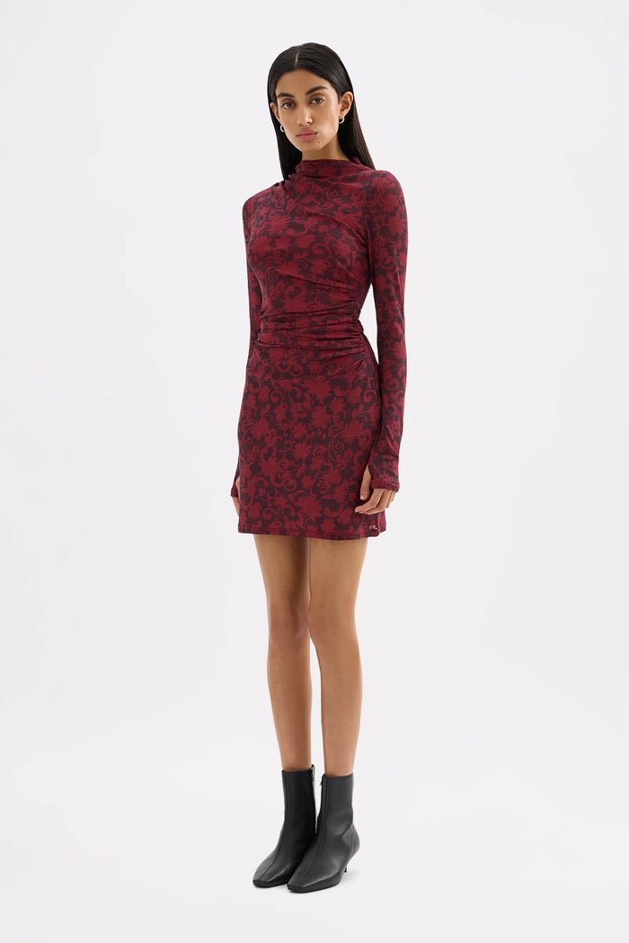 Clementine Berry Print Ruched Side LS Mesh Mini Dress