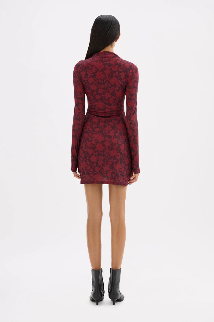 Clementine Berry Print Ruched Side LS Mesh Mini Dress
