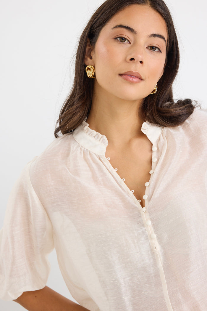 model wears a white blouse with light blue high waisted jeans