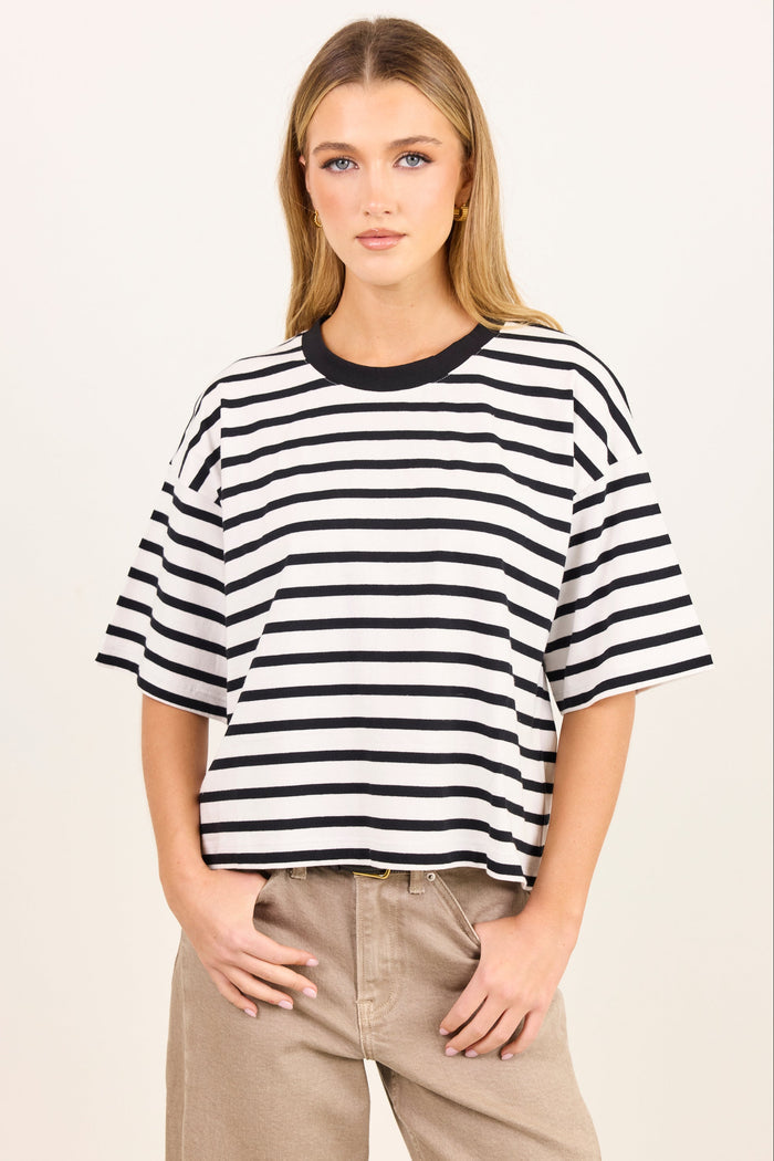 Cohesion Black White Stripe Oversized Contrast Binding Boxy SS Tee