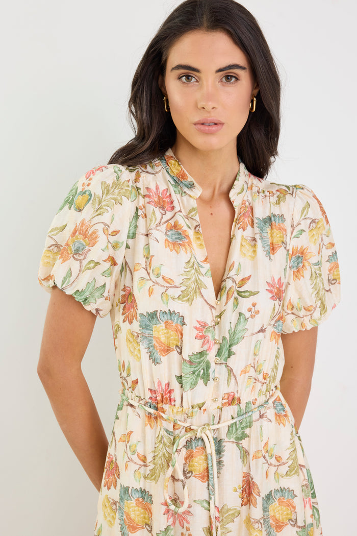 Comet Peach Bloom Short Puff Sleeve Button Front Midi Dress