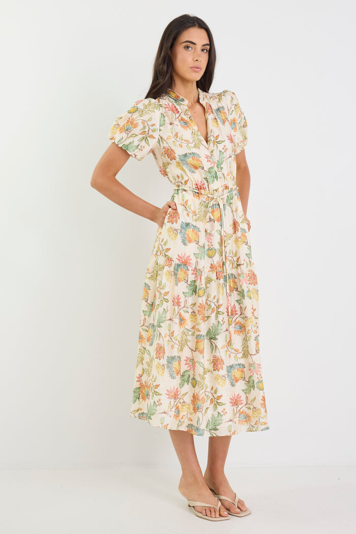 Comet Peach Bloom Short Puff Sleeve Button Front Midi Dress
