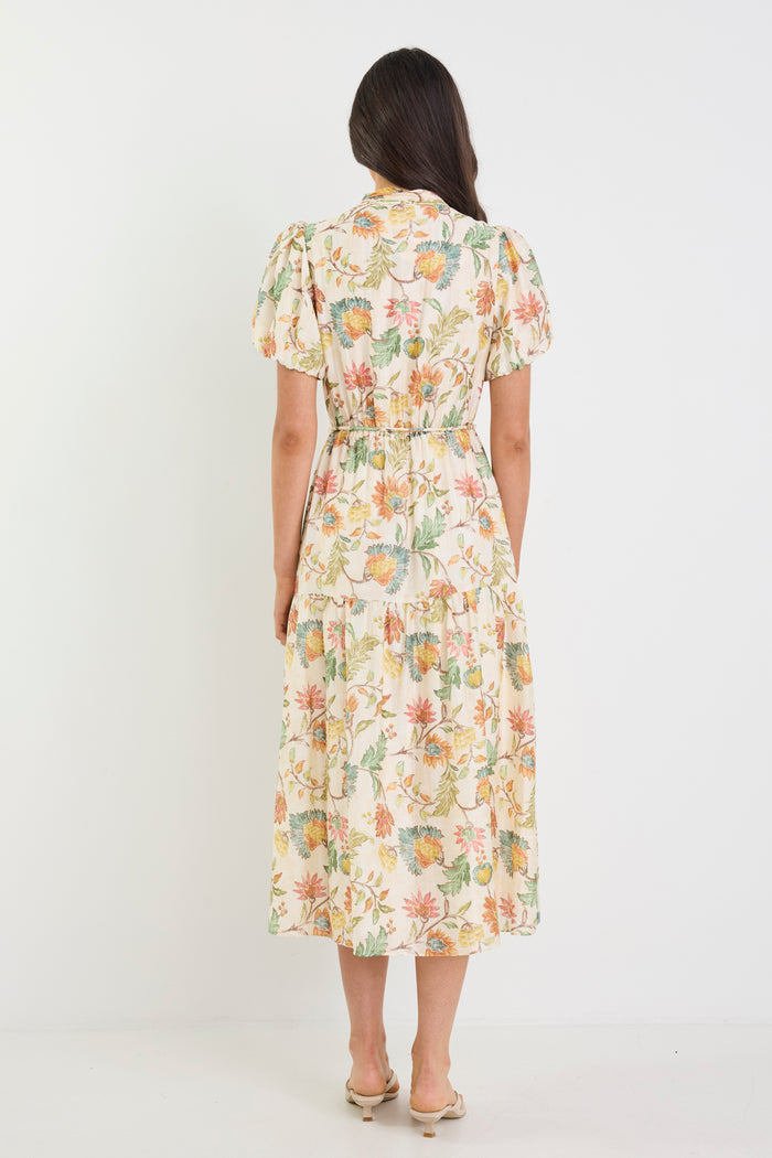 Comet Peach Bloom Short Puff Sleeve Button Front Midi Dress