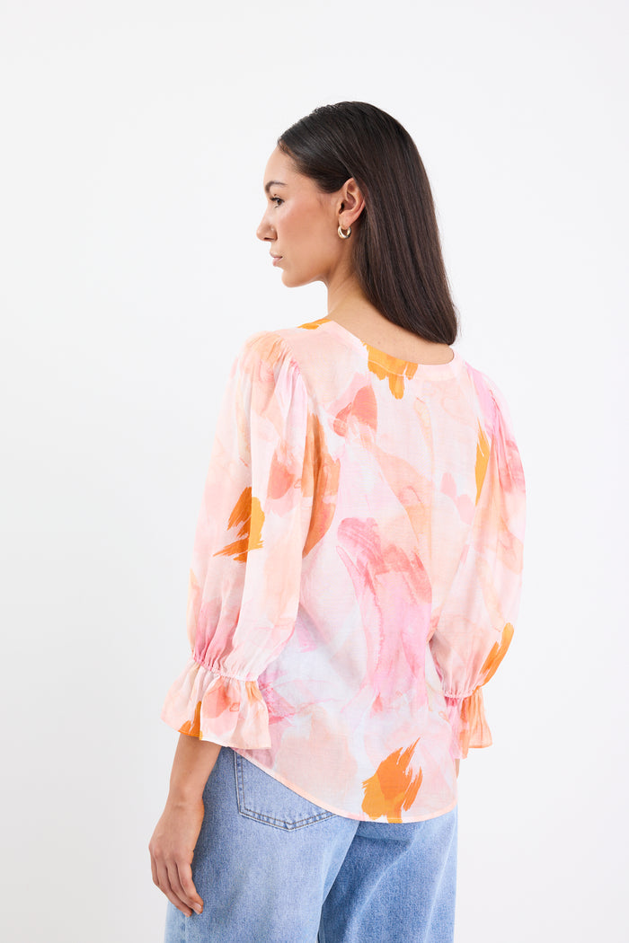 Compulsion Sunset Print V Neck Tie SS Top