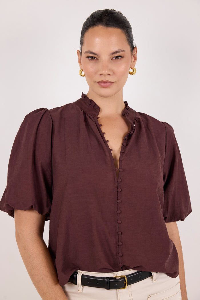 Continuance Chocolate Semi Sheer High Neck Buttoned Short Sleeve Top