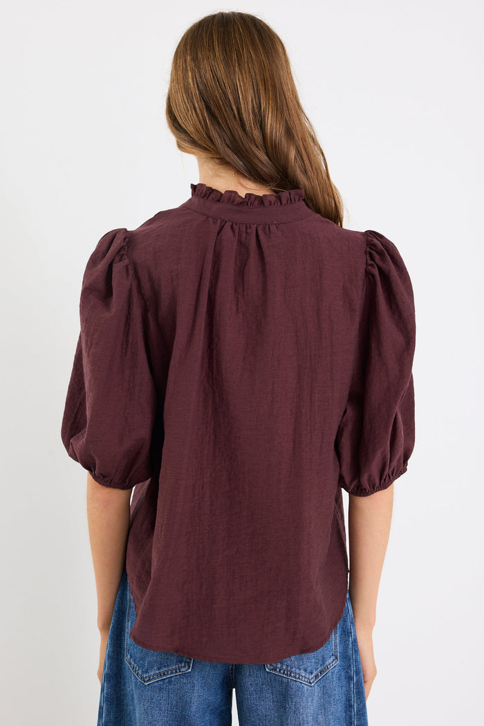 Person wearing a burgundy blouse with puffed sleeves and blue jeans on a white background
@col_pattern
