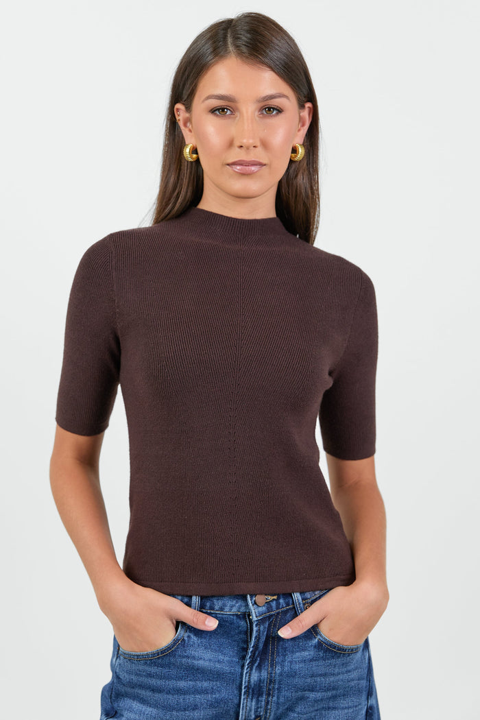 Contour Chocolate Funnel Neck Short Sleeve Knitted Top
