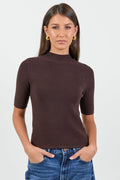 Contour Chocolate Funnel Neck Short Sleeve Knitted Top