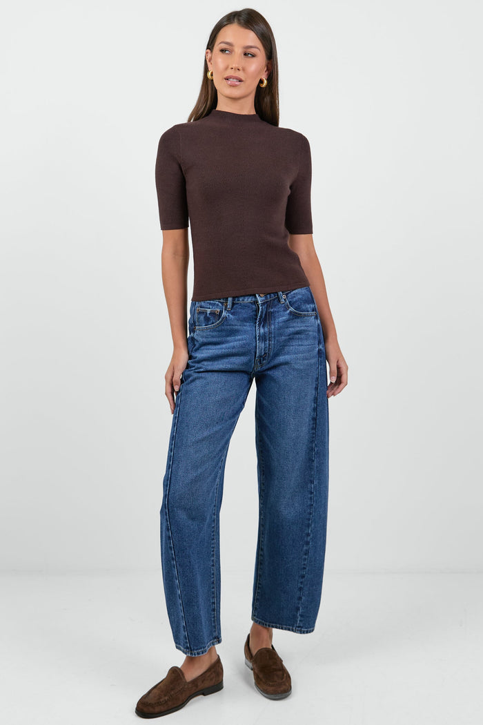 Contour Chocolate Funnel Neck Short Sleeve Knitted Top