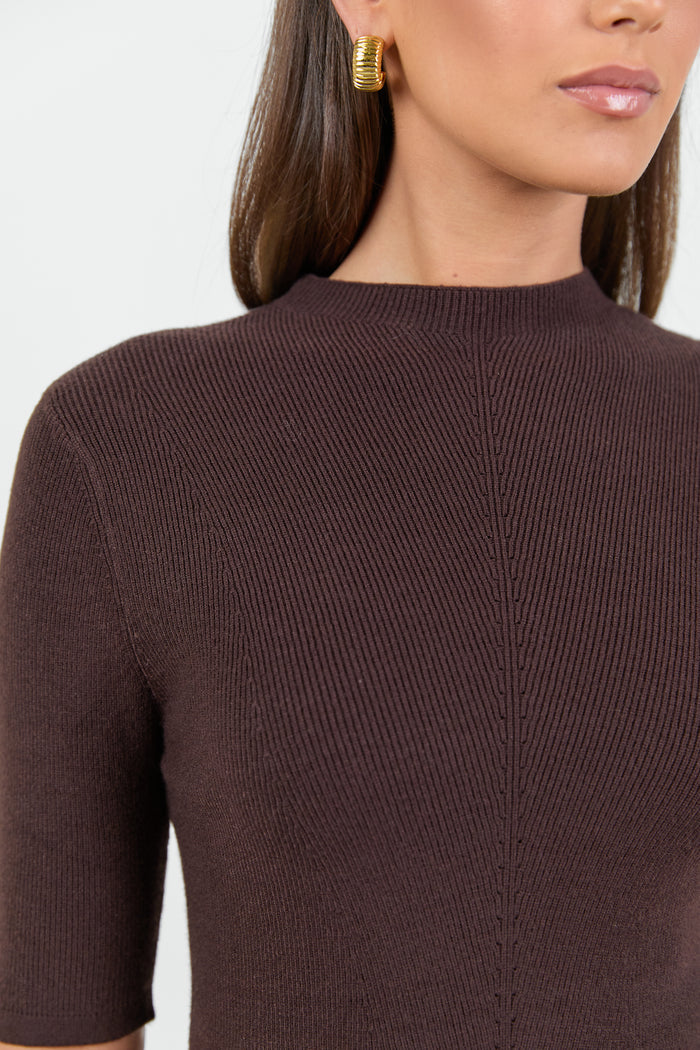 Contour Chocolate Funnel Neck Short Sleeve Knitted Top