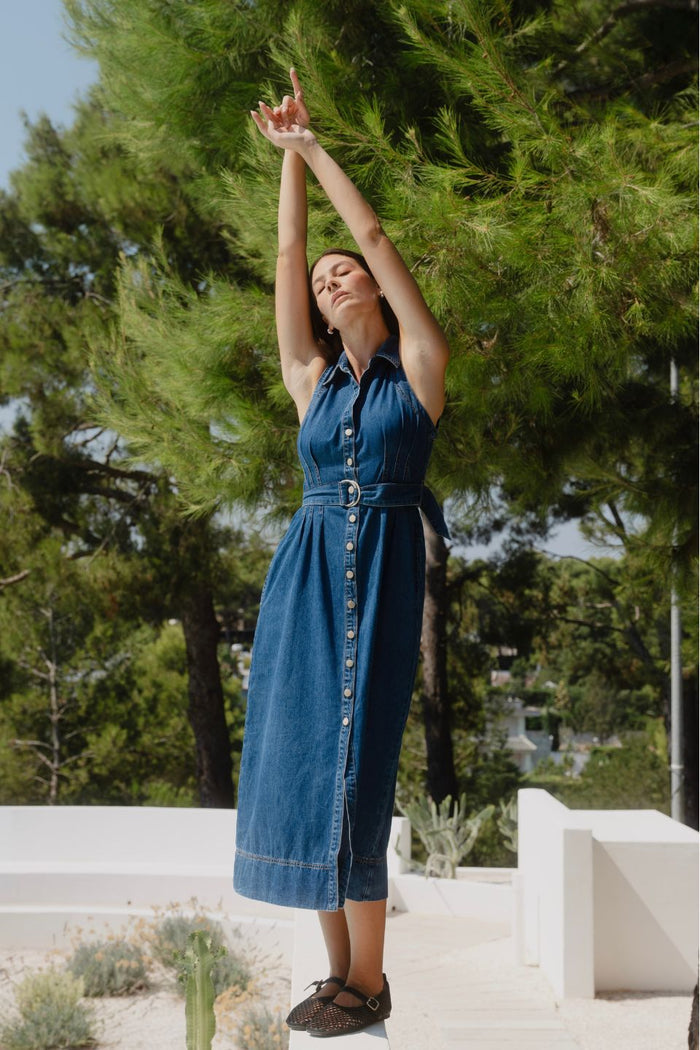 Crescent Storm Blue Denim Sleeveless Midi Shirt Dress