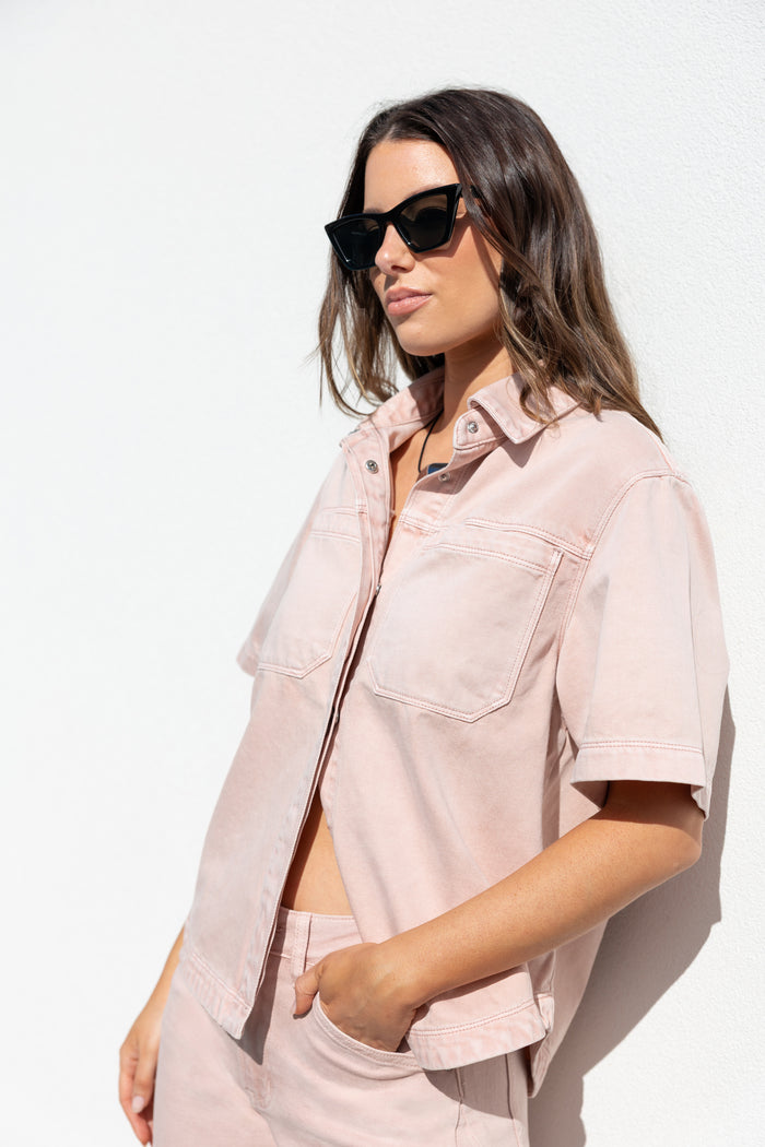 Crucial Pale Pink Denim Short Sleeve Shacket