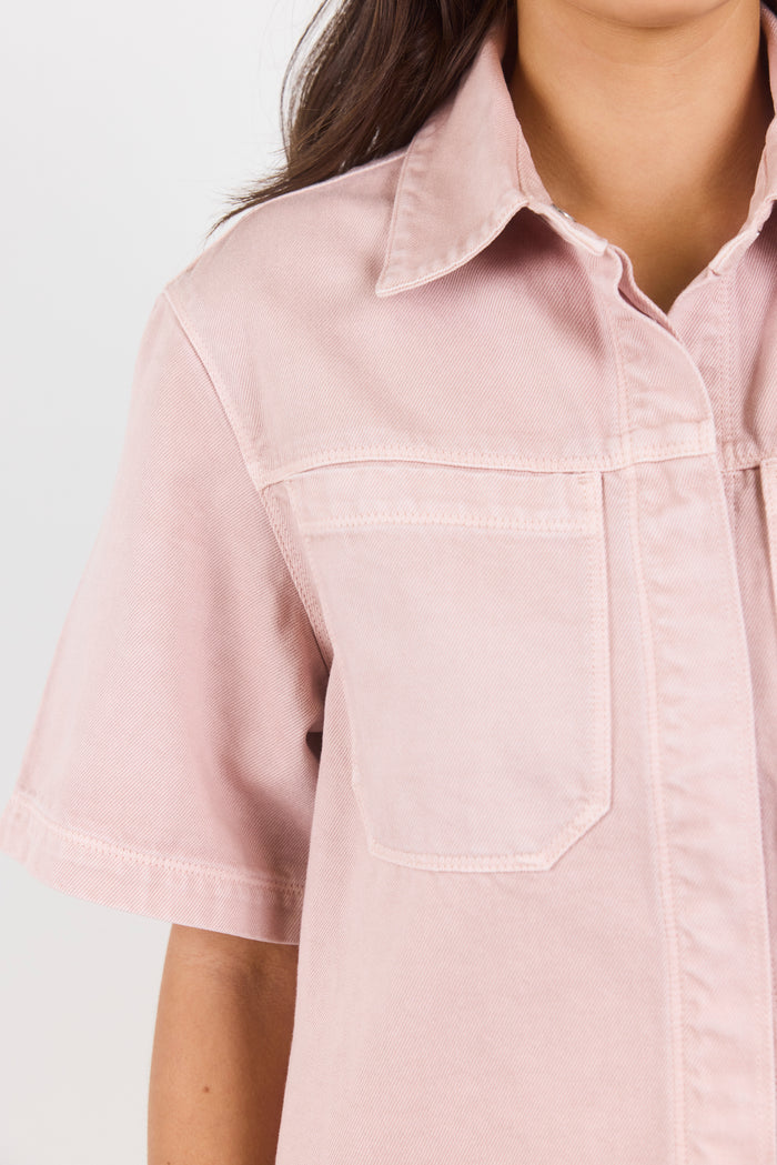 Close-up of a person wearing a light pink shirt with a collar on a white 
background
col_pattern
