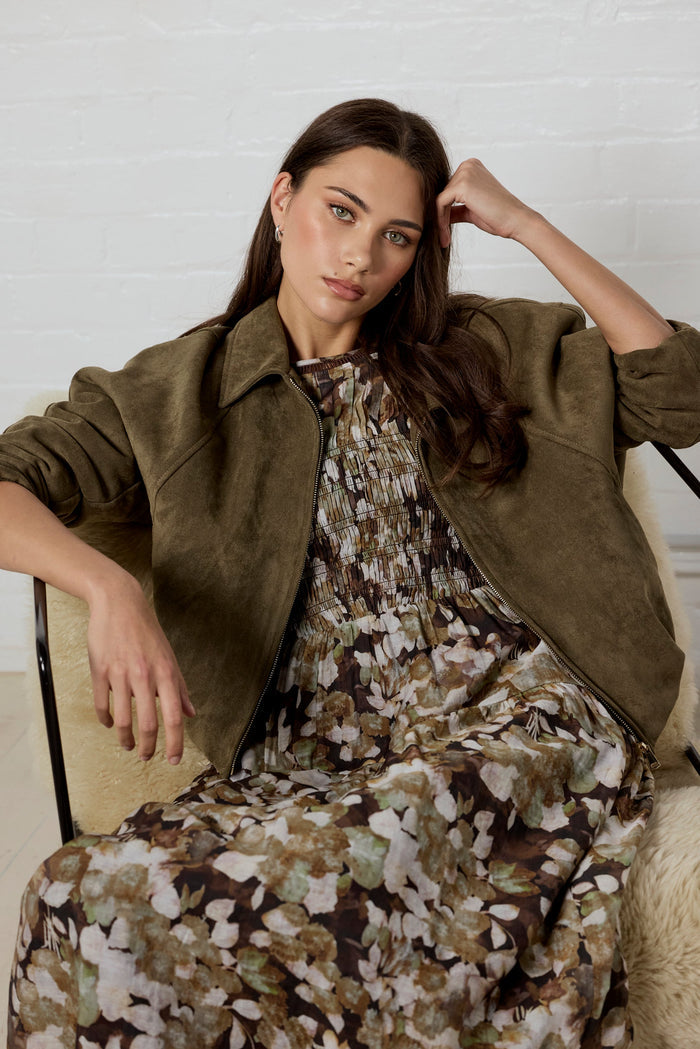 Curation Brown Beige Floral Georgette Puff Sleeve Tiered Maxi Dress